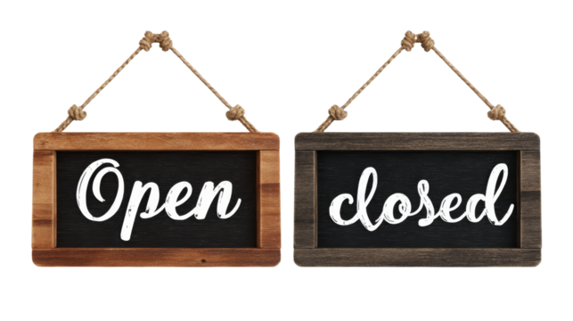 Open And Closed Signs Hang With Ropes On Transparent Background