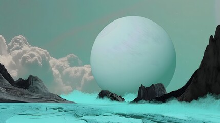 A surreal alien landscape featuring a vast, smooth planet or moon dominating the sky above a turquoise, misty terrain with jagged, dark mountains and dramatic clouds.