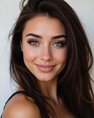 Obraz premium Closeup beauty portrait of a gorgeous young woman with perfect skin, natural makeup, and a warm smile for a cosmetics ad