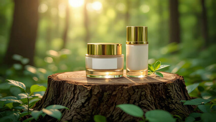 Two cosmetic containers with gold lids sit on a tree stump in a lush green forest