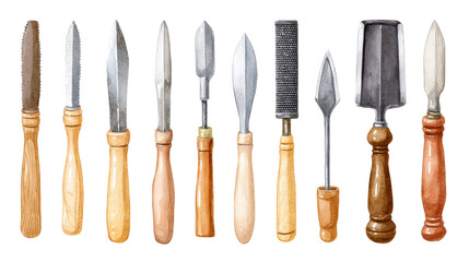 Set of isolated sculpting tools on transparent background with wooden handle and metal blade