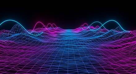 Abstract Futuristic Wireframe Grid with Neon Pink and Blue Glowing Lines