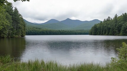 Serene mountain lake view, calm waters reflecting the hazy sky and distant peaks, framed by lush greenery