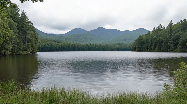 Serene mountain lake view, calm waters reflecting the hazy sky and distant peaks, framed by lush greenery