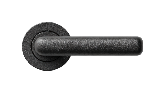 Black door handle isolated on transparent background with textured surface and modern design