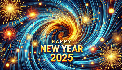 A vibrant and festive New Year 2025 design featuring swirling colors and sparkling fireworks, celebrating new beginnings.