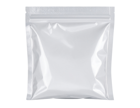 Transparent vacuum-sealed food bag with blank label area, isolated on a transparent background