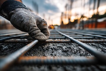 **Clean Close-Up Of Steel Mesh Reinforcement Being Laid Before Concrete Pouring. Captured At A Shallow Angle To Show Pattern And Perspective. A Gloved Hand May Be Placing The Mesh Grid, But The Image 