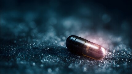 Supplement capsule under microscope with sharp scientific detail and lighting