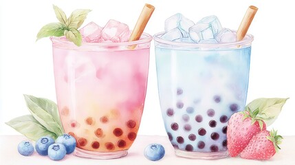 Refreshing Fruit Drinks with Bubbles and Ice in Bright Colors