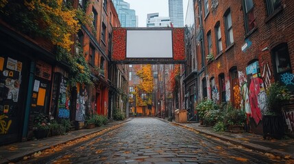 Fototapeta premium Urban alleyway with autumnal colors and blank billboard