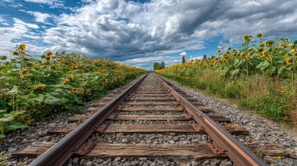 Fototapeta premium Railroad Tracks Through a Sunflower Field Under a Cloudy Sky
