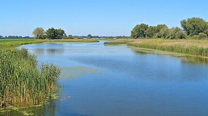 Fototapeta premium Serene river scene with lush vegetation and clear blue water under a bright sky. A tranquil landscape perfect for relaxation