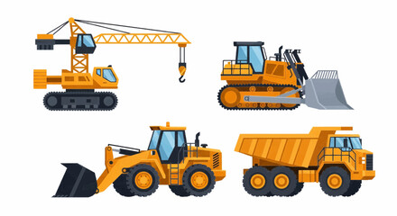 Illustration of four yellow construction vehicles: a crane, bulldozer, loader, and dump truck, all isolated on a white background.