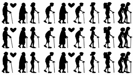 Silhouette pattern of elderly people walking with canes accompanied by hearts in a repeating design style