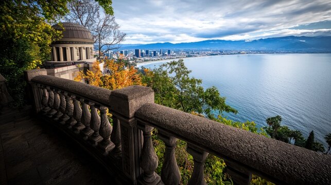 Scenic overlook balcony, coastal city view, autumn foliage - Powered by Adobe