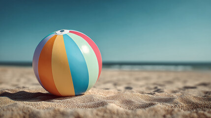 Obraz premium A colorful beach ball sits on the sand with the ocean and sky in the background