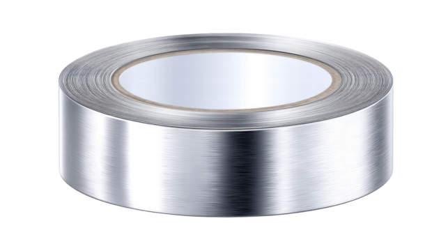 Roll of silver metallic tape isolated on transparent background with shiny surface