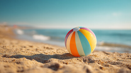A colorful beach ball sits on the sand with the ocean and sky in the background