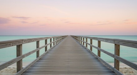 Obraz premium Wooden pier extends into calm ocean under a pastel-colored sunset sky.