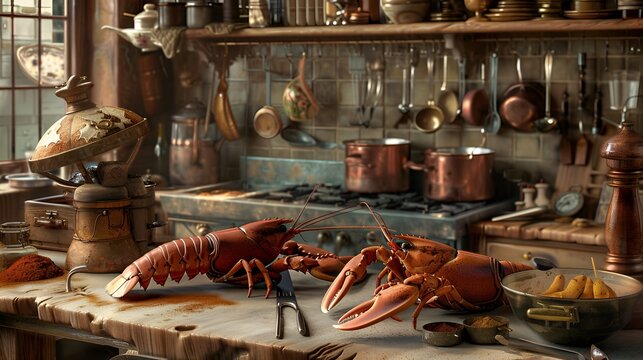 A kitchen counter with live lobsters and an array of spices and cooking utensils.