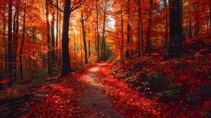 Naklejka premium Serene path through a vibrant red autumn forest with sunlight filtering through the trees 