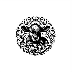 Obraz premium Black and White Calf Emblem with Floral Swirls.