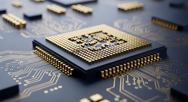 Close-up view of a computer processor chip on a circuit board, showcasing intricate gold connections.