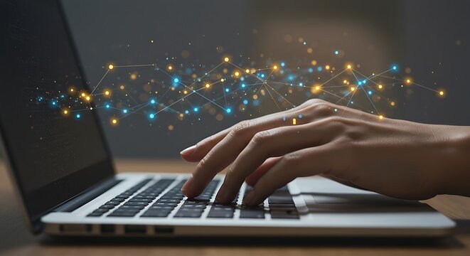 Hand Typing on Laptop with Glowing Network Overlay