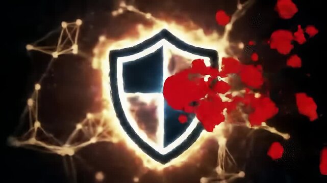 Digital Security Shield Attacked by Red Splatter on Abstract Network