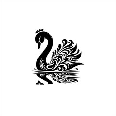 Elegant Black Swan with Ornate Tail Feathers and Crown.