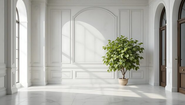 A modern interior scene featuring a bird of paradise plant in a white pot, set against a white wall with sunlight streaming through a window. The scene is clean and minimalist.
