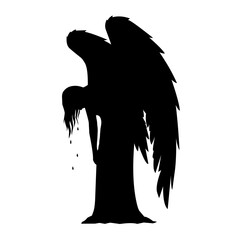 Fototapeta premium Dark silhouette of a crying angel with wings drooped down. A powerful emotional image symbolizing sorrow, grief, loss, or spiritual sadness in vector form
