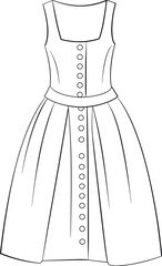 Women's Button-Front Dress Outline, Square Neckline Apparel Design, Pleated Skirt Midi Dress Mockup, Customizable Fashion Garment Vector Illustration for Clothing Brands.