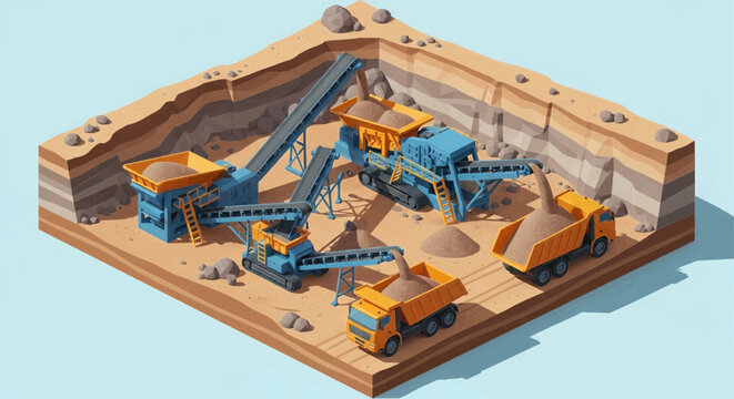 3D isometric concept of a quarry operation with heavy machinery, including crusher plants, screeners, and dump trucks for mining industry.