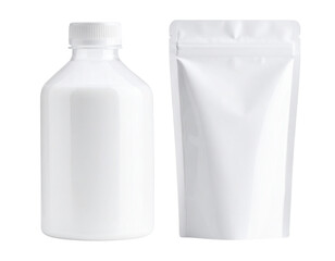 Plastic stand-up spout pouch with cap and blank label, isolated on a transparent background