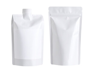 Plastic stand-up spout pouch with cap and blank label, isolated on a transparent background
