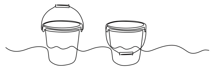 continuous line art of a bucket filled with water. This icon is for a poster or advertisement of toilet equipment. © mamat