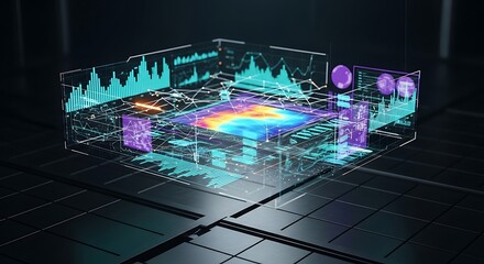 A futuristic 3D rendering of a digital data processing system, displaying real-time information.