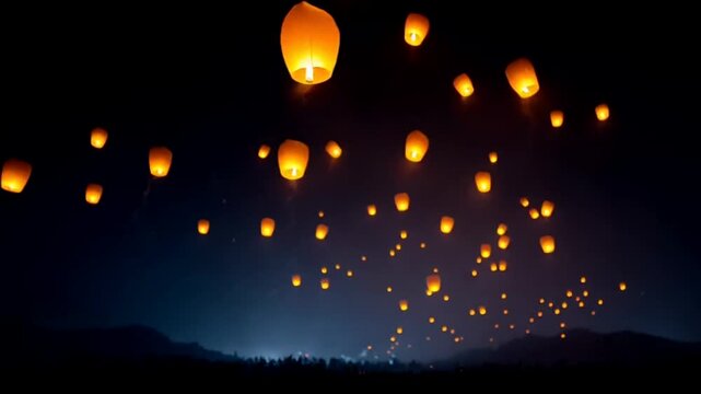 Sky lanterns floating into a night sky, symbolizing celebration & hope, ideal for cultural festivals & ceremonies, offering a serene & enchanting atmosphere for evening events lantern festival
