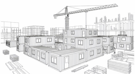 Fototapeta premium Architectural drawing showing modular buildings under construction with a crane and building materials.
