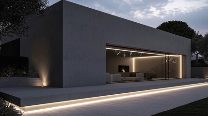Obraz premium minimalist exterior wall section made of large, smooth concrete blocks in deep gray. The horizontal gaps are defined by warm recessed lighting, creating strong linear shadows and a dramatic 