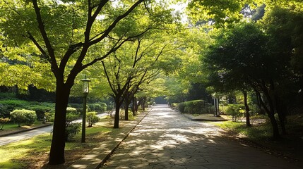 Obraz premium Sun-dappled path winds through lush green trees, creating a serene and tranquil atmosphere. The paved walkway is bordered by neatly trimmed lawns and mature trees casting shadows