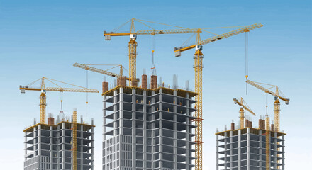 Construction cranes towering over three unfinished skyscrapers under a clear sky.