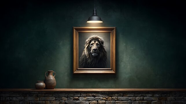 A museum wall in deep malachite green, a gold-framed Baroque-style painting displayed under a focused spotlight, the chiaroscuro effect enhancing the drama.