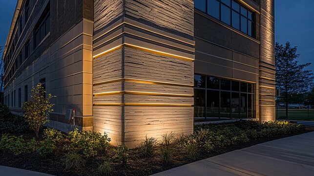 exterior night shot of a building, where only a section of the layered block wall with its warm recessed lighting is illuminated, drawing attention and creating an inviting beacon of light in 