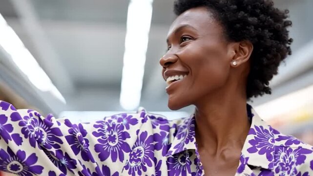 Smiling African American woman in floral blouse shopping, joyful retail therapy, content consumer exploring store aisles happy shopper embracing retail experience, wardrobe choices in focus positive