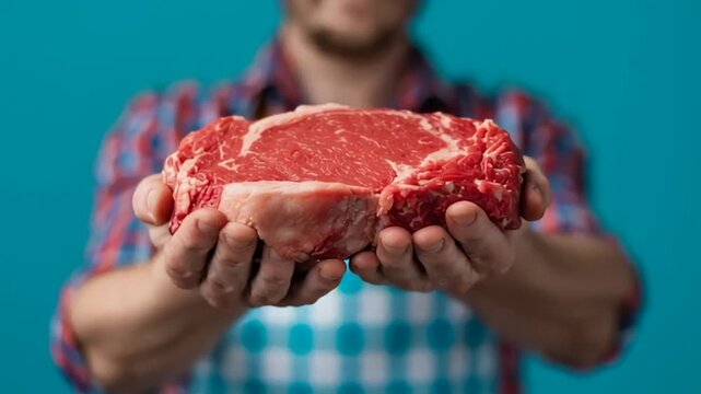 Person presenting a raw steak, showcasing premium beef cuts for culinary enthusiasts, highlighting farm-to-table meat quality close-up of steak being held, ideal for promoting butchery or grill
