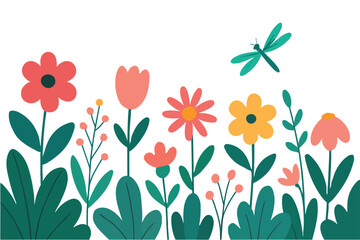 Whimsical Flat Floral Garden Illustration with Dragonfly &ndash; Colorful Modern Nature Design