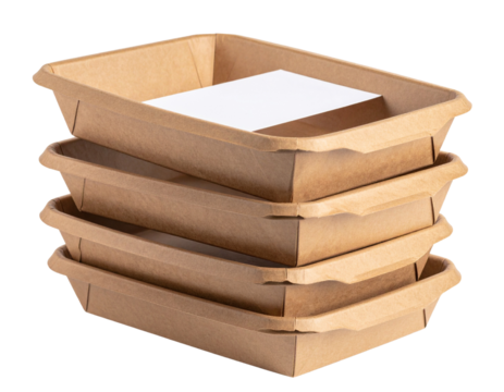 Stack of nested kraft paper food trays with blank labels, isolated on a transparent background